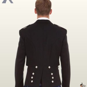 Rear view of a men's black Prince Charlie kilt jacket displaying structured back skirts decorated with square silver buttons.