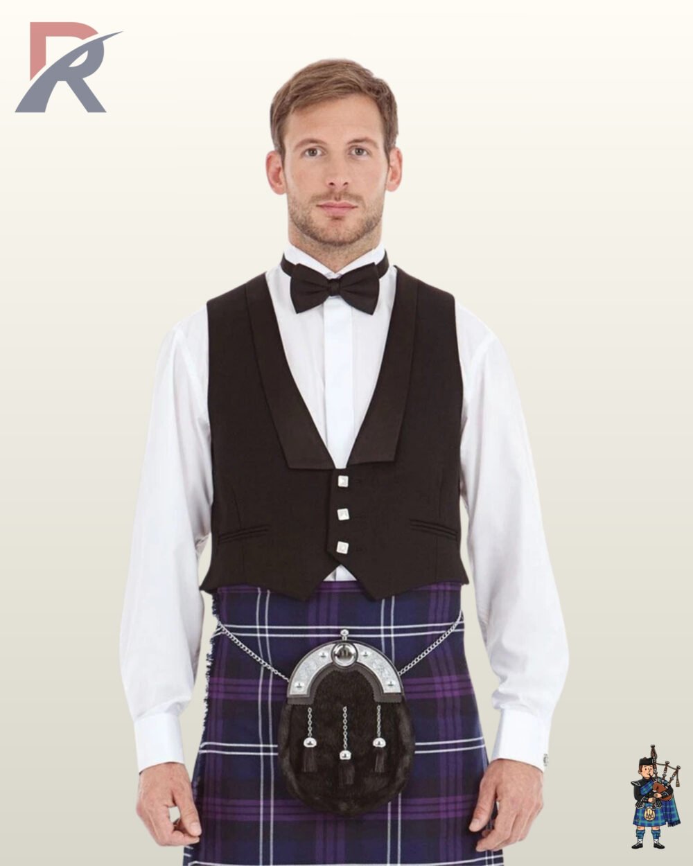 Front view of a man wearing a 3-button low-cut black Prince Charlie kilt waistcoat with satin lapels and a black bow tie.