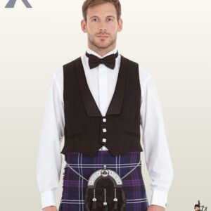 Front view of a man wearing a 3-button low-cut black Prince Charlie kilt waistcoat with satin lapels and a black bow tie.