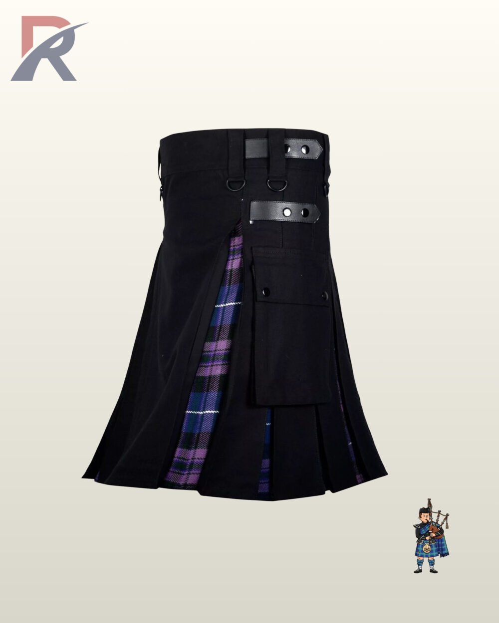 Heavy-duty black utility kilt designed with purple plaid inner pleat accents and snap closures.