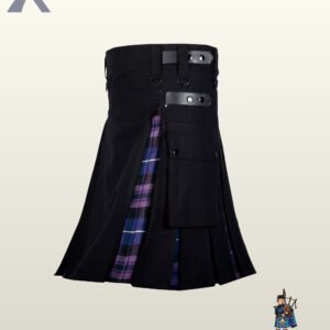 Heavy-duty black utility kilt designed with purple plaid inner pleat accents and snap closures.