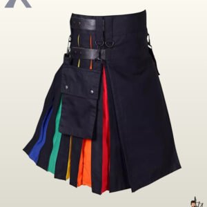 Men's black cotton festival kilt showing vivid inner red, orange, yellow, green, and blue pleated panels.