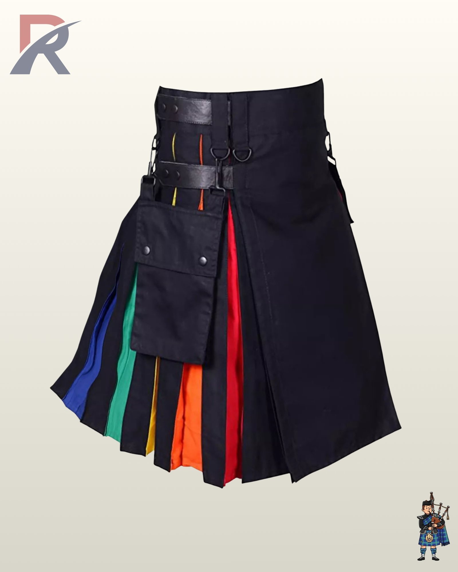 Men's black cotton festival kilt showing vivid inner red, orange, yellow, green, and blue pleated panels.