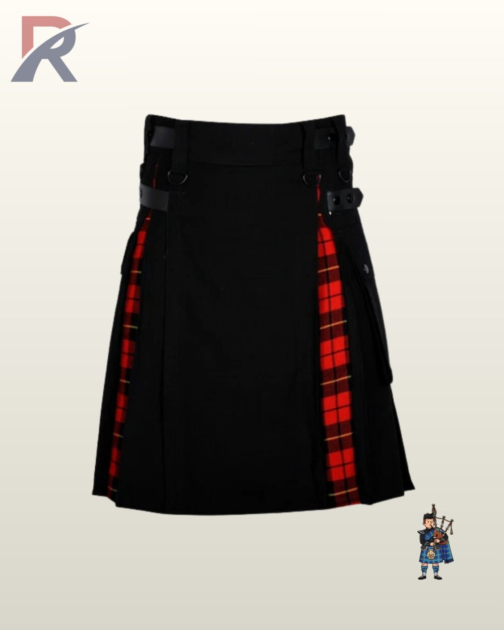 Front view of a men's black utility kilt featuring vibrant red Royal Stewart tartan inner pleats.