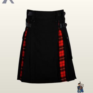 Front view of a men's black utility kilt featuring vibrant red Royal Stewart tartan inner pleats.
