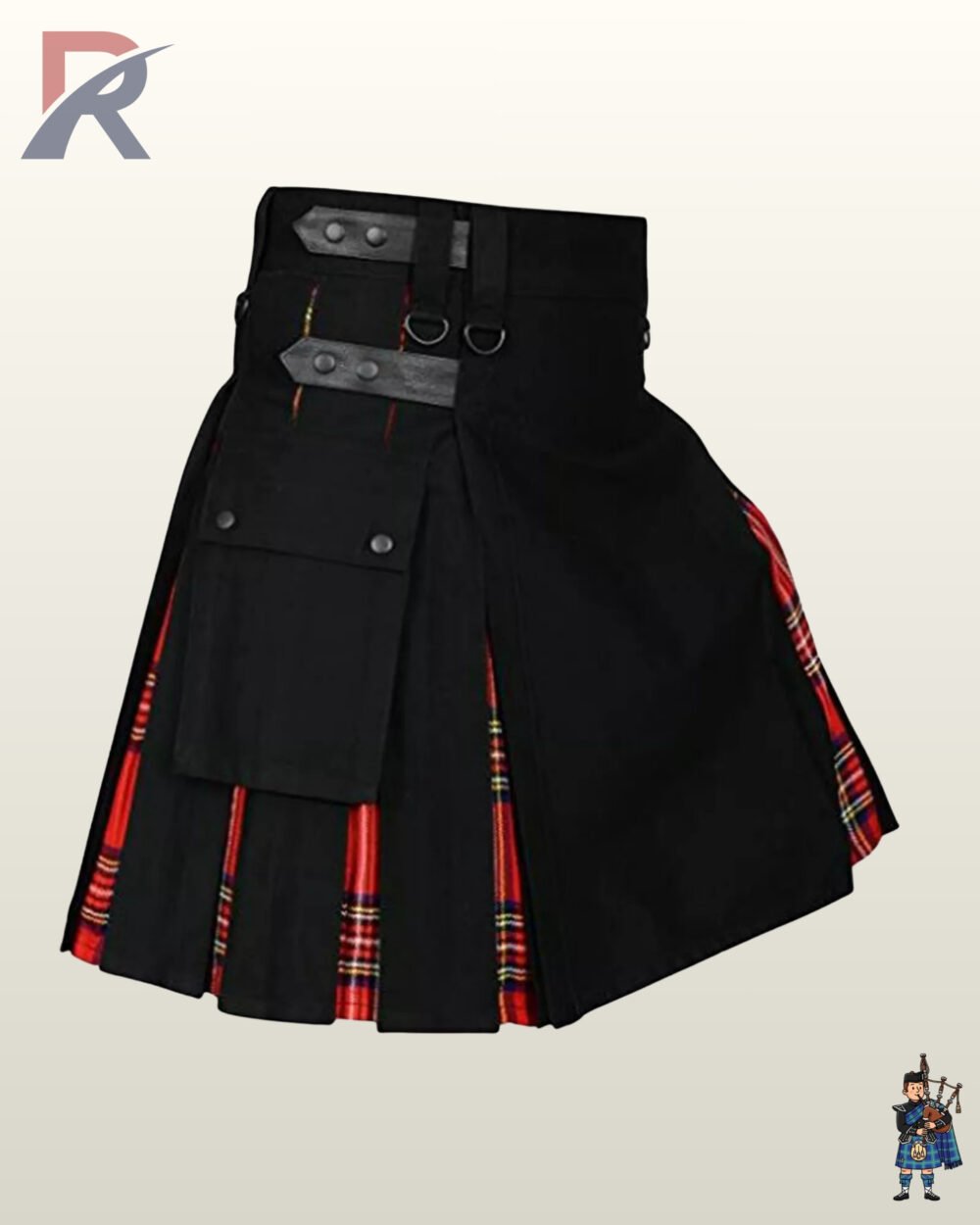 Heavy-duty men's black utility kilt angled to highlight silver D-ring hardware and red tartan reveals.