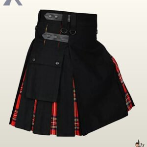 Heavy-duty men's black utility kilt angled to highlight silver D-ring hardware and red tartan reveals.