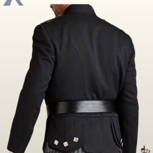 Back view of a traditional black Scottish regulation doublet styled with a wide embossed leather waist belt and pleated kilt skirts.