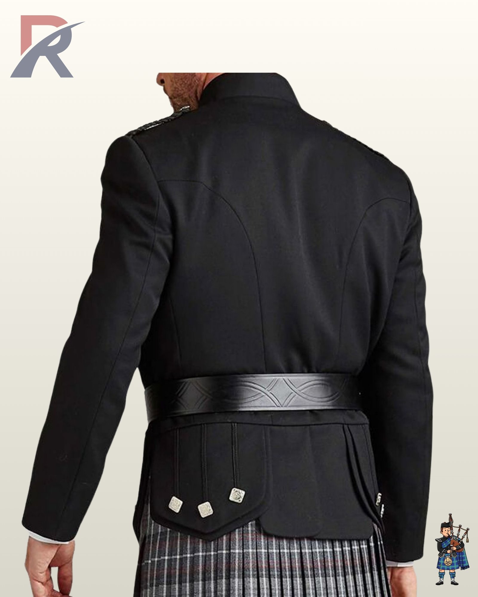 Back view of a traditional black Scottish regulation doublet styled with a wide embossed leather waist belt and pleated kilt skirts.