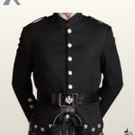 Traditional Scottish black wool doublet jacket featuring scalloped skirt flaps, silver thistle belt buckle, and black fur sporran.