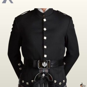 Traditional Scottish black wool doublet jacket featuring scalloped skirt flaps, silver thistle belt buckle, and black fur sporran.