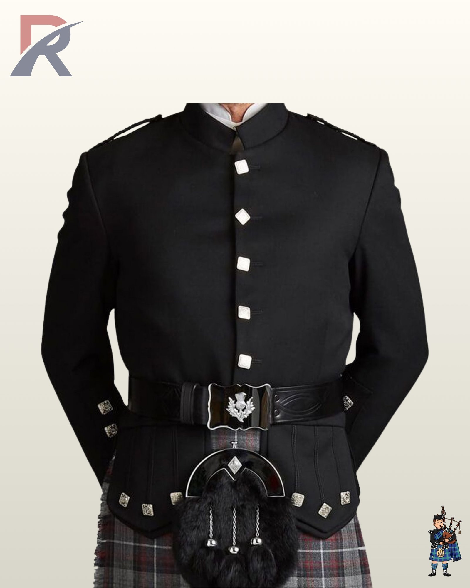 Traditional Scottish black wool doublet jacket featuring scalloped skirt flaps, silver thistle belt buckle, and black fur sporran.