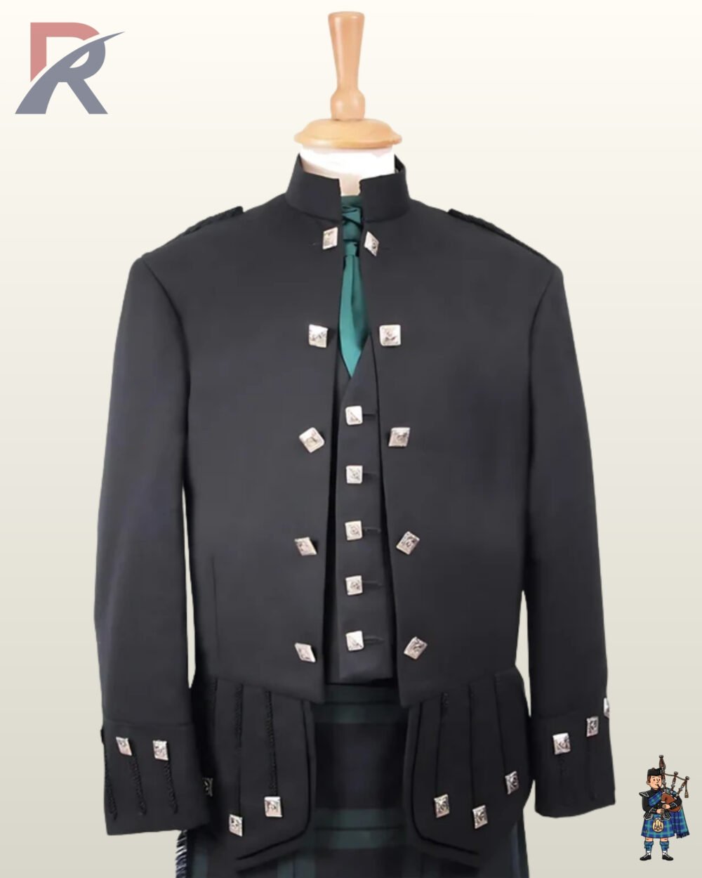 Traditional Scottish black wool Sheriffmuir jacket and vest combination paired with a tartan kilt and green necktie.