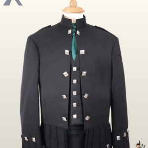 Traditional Scottish black wool Sheriffmuir jacket and vest combination paired with a tartan kilt and green necktie.