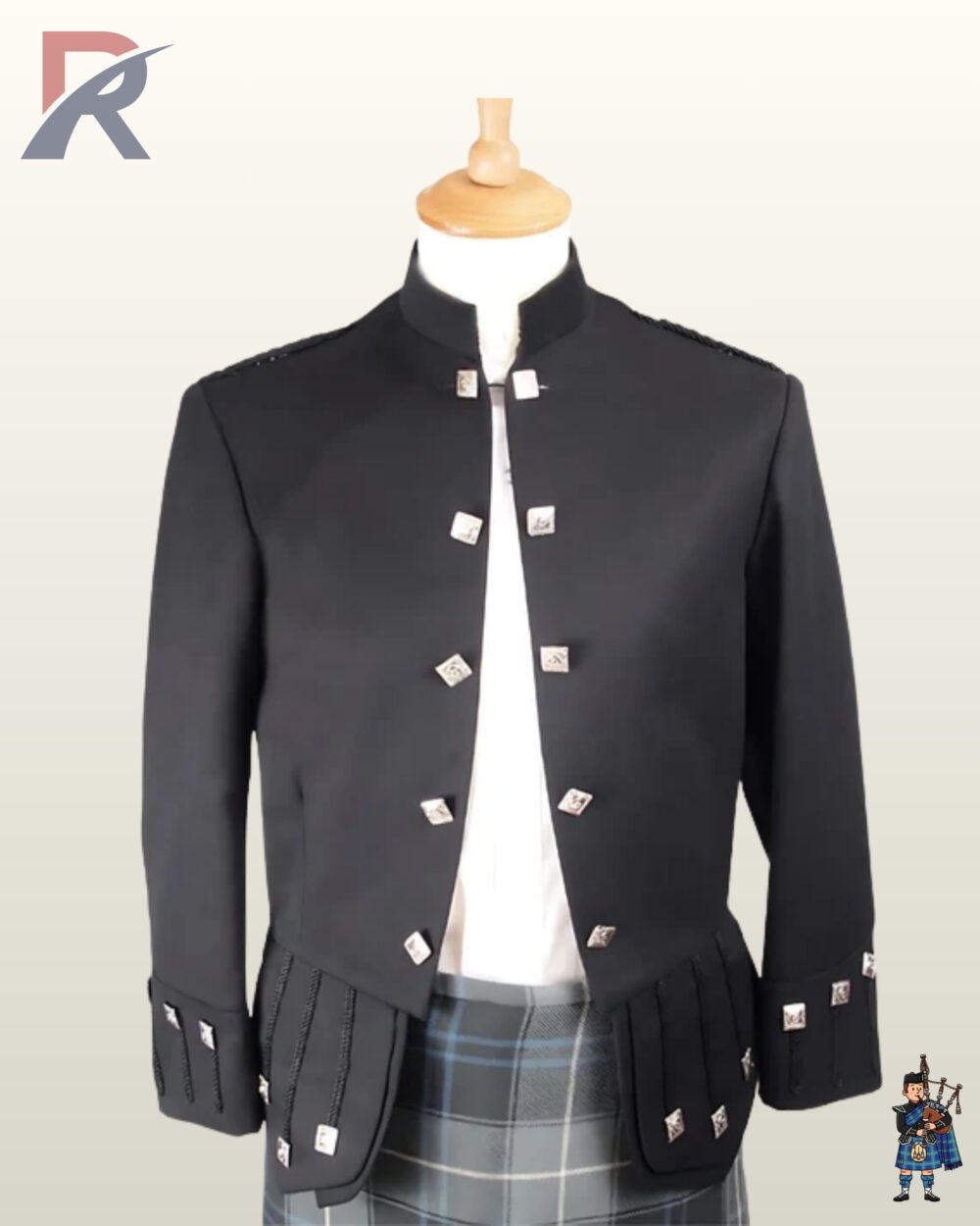 Front view of a men's black Sheriffmuir highland kilt jacket featuring silver diamond buttons and braided gauntlet cuffs.