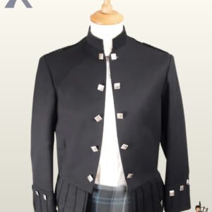 Front view of a men's black Sheriffmuir highland kilt jacket featuring silver diamond buttons and braided gauntlet cuffs.