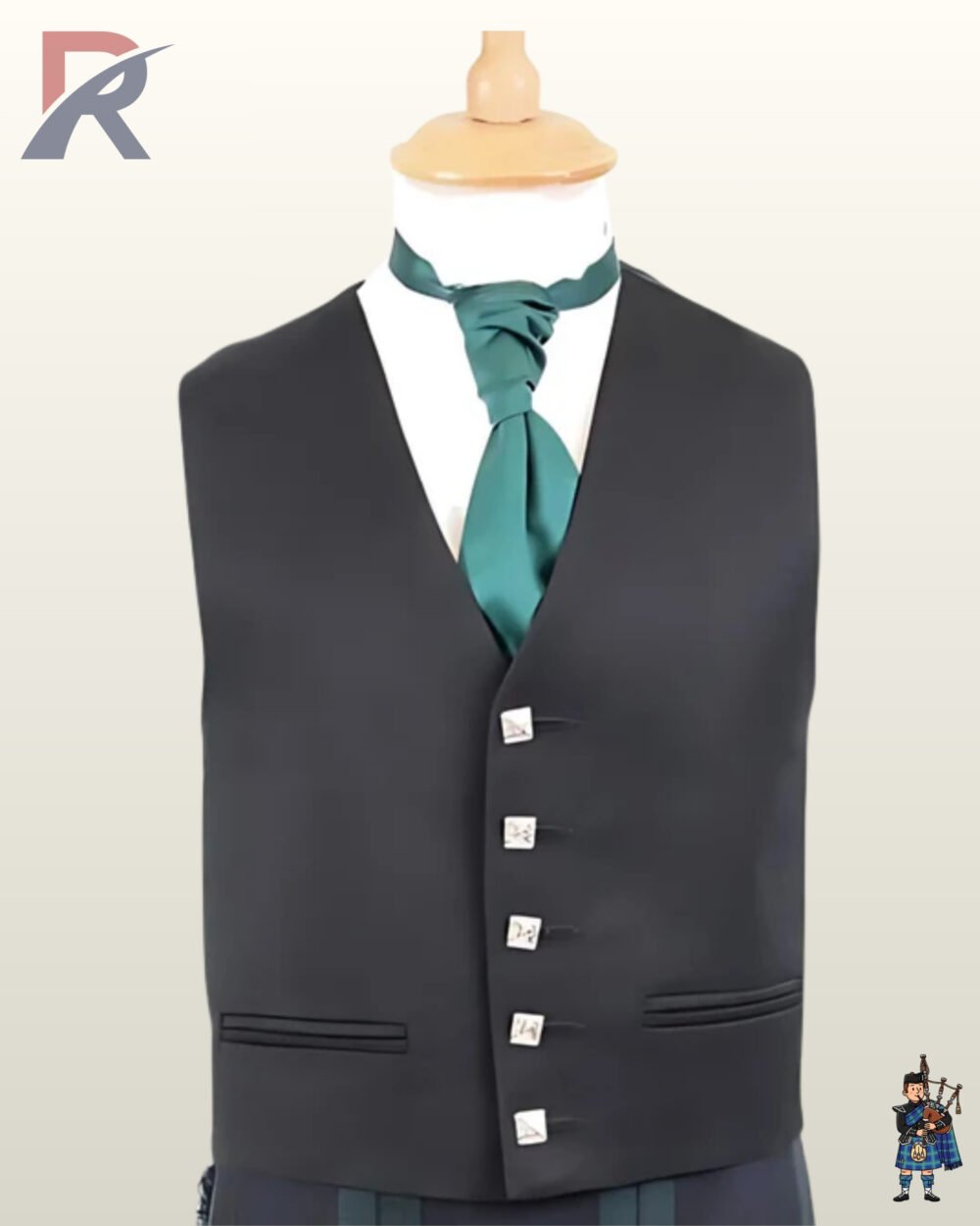 Front view of a men's black formal Sheriffmuir kilt vest with five square silver buttons and a dark green necktie.