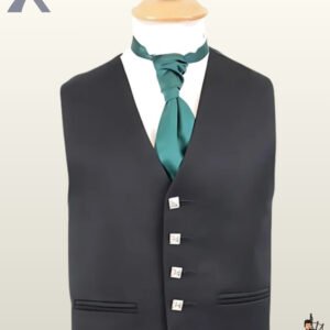 Front view of a men's black formal Sheriffmuir kilt vest with five square silver buttons and a dark green necktie.