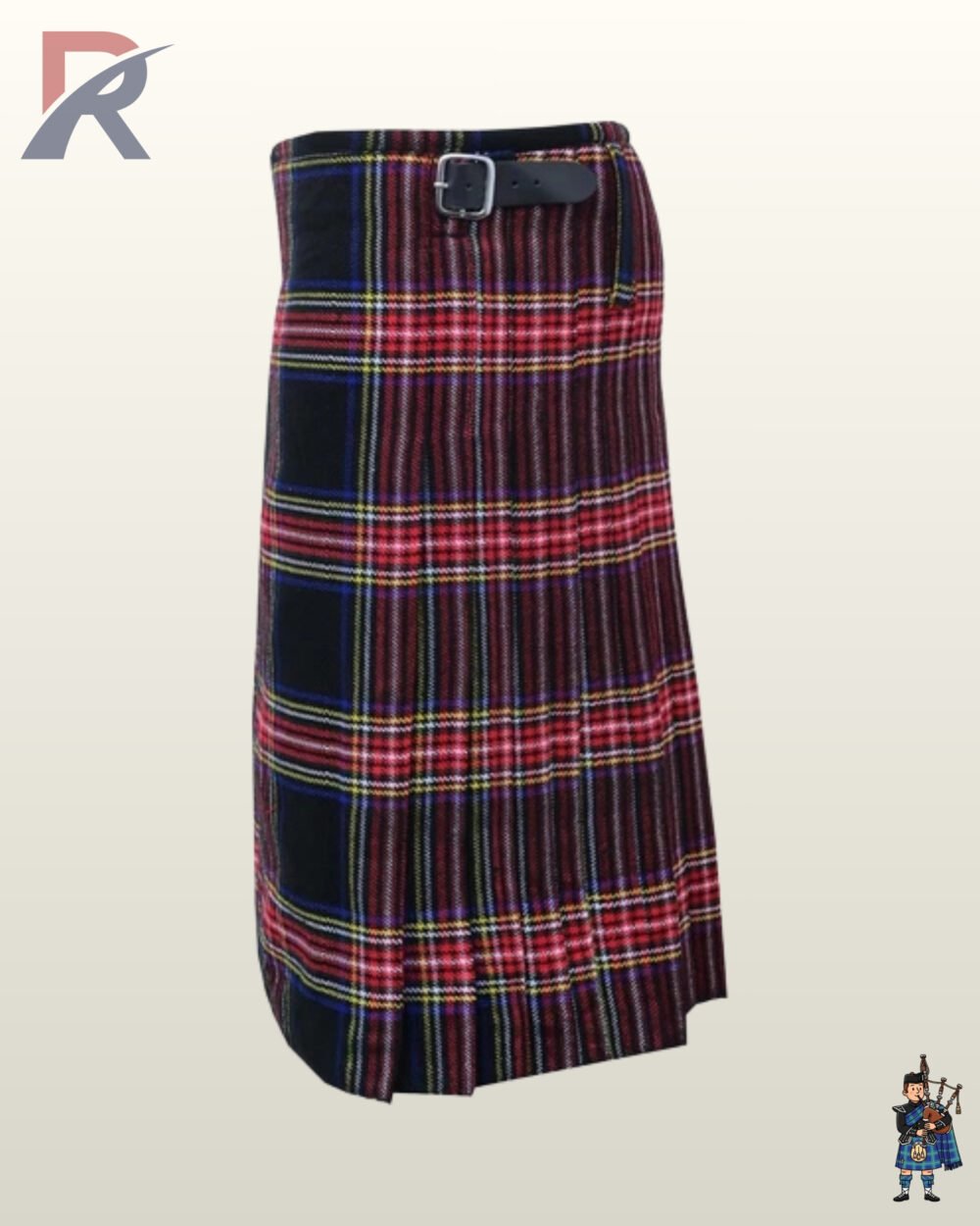 Traditional Scottish Black Stewart tartan kilt with red and blue accents and a fringed front apron.