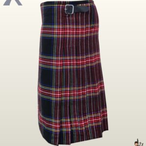 Traditional Scottish Black Stewart tartan kilt with red and blue accents and a fringed front apron.