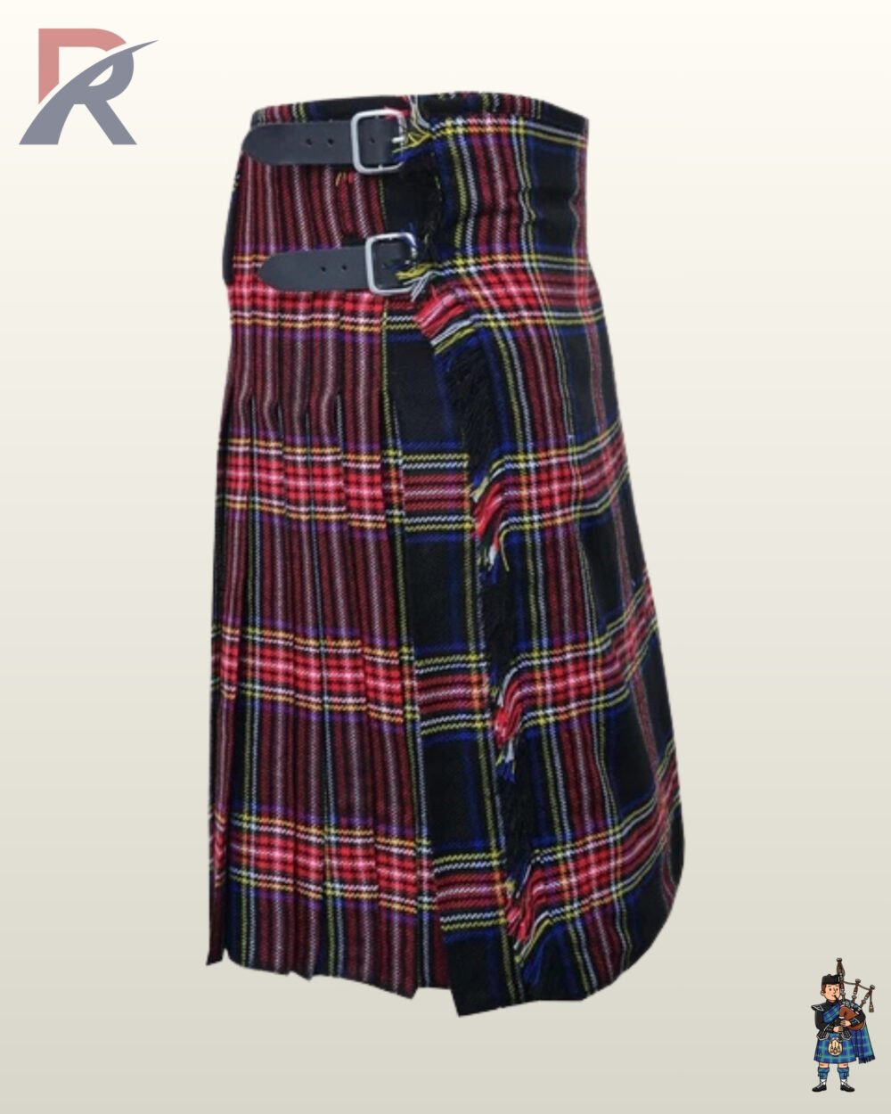Men's Black Stewart plaid kilt styled with double black leather straps and silver buckle hardware.