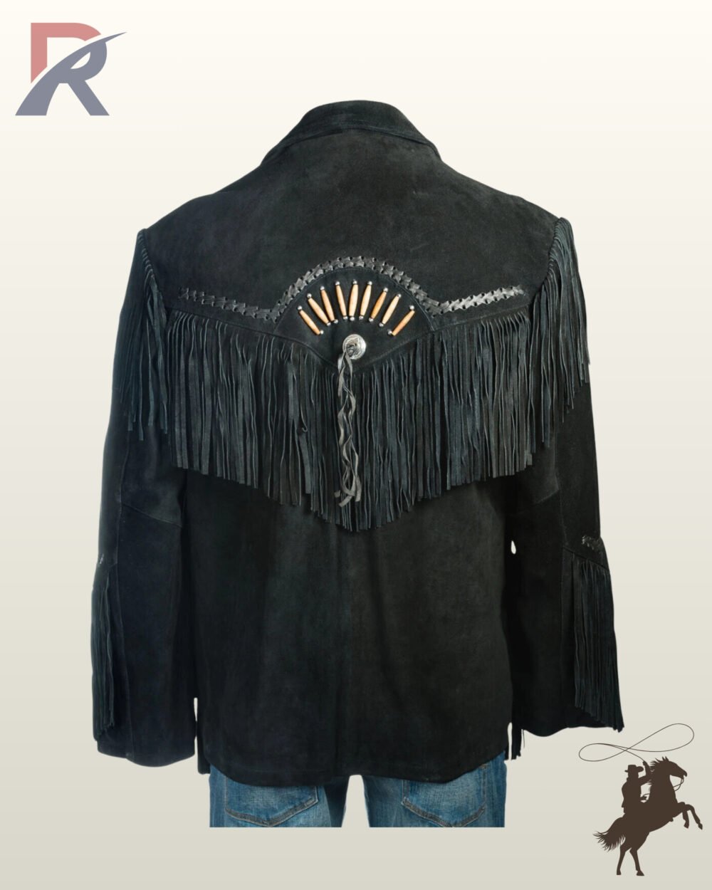 Rear view of a men's black suede western jacket displaying a deep V-shaped fringed back yoke accented with a bone bead fan design, braided leather stitching, and a central concho.