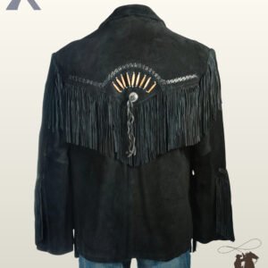 Rear view of a men's black suede western jacket displaying a deep V-shaped fringed back yoke accented with a bone bead fan design, braided leather stitching, and a central concho.