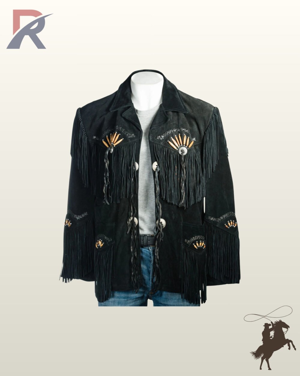 Men's black suede cowboy coat with chest fringe, bone bead details, dark braided trim, and long leather tassels styled over a grey t-shirt and jeans.