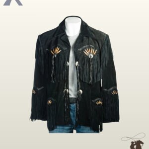 Men's black suede cowboy coat with chest fringe, bone bead details, dark braided trim, and long leather tassels styled over a grey t-shirt and jeans.