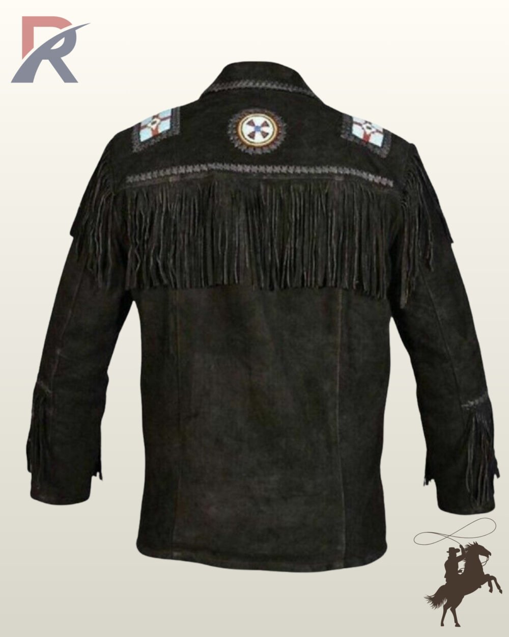 Rear view of a men's black suede western jacket featuring straight back yoke fringe, whipstitched trim, shoulder beadwork patches, and a circular medicine wheel emblem.