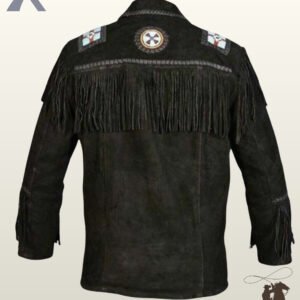 Rear view of a men's black suede western jacket featuring straight back yoke fringe, whipstitched trim, shoulder beadwork patches, and a circular medicine wheel emblem.