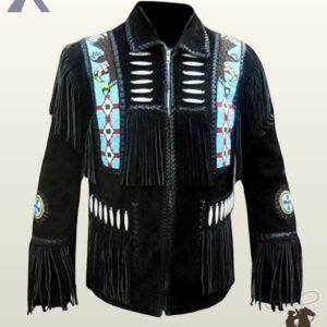 Traditional Native American style black suede fringed coat with bone bead detailing, whipstitched pockets, eagle beadwork, and circular sleeve medallions.