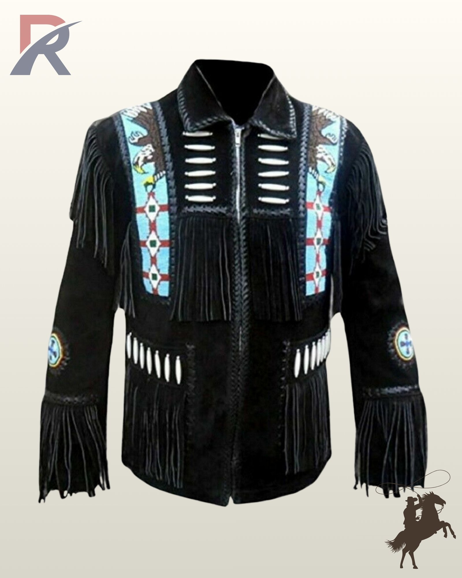 Traditional Native American style black suede fringed coat with bone bead detailing, whipstitched pockets, eagle beadwork, and circular sleeve medallions.