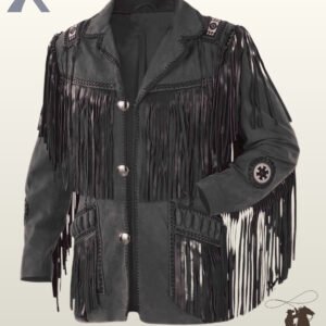 Front view of a men's black suede western jacket featuring silver concho buttons, bone pipe bead chest accents, beaded shoulder strips, and fringed patch pockets.