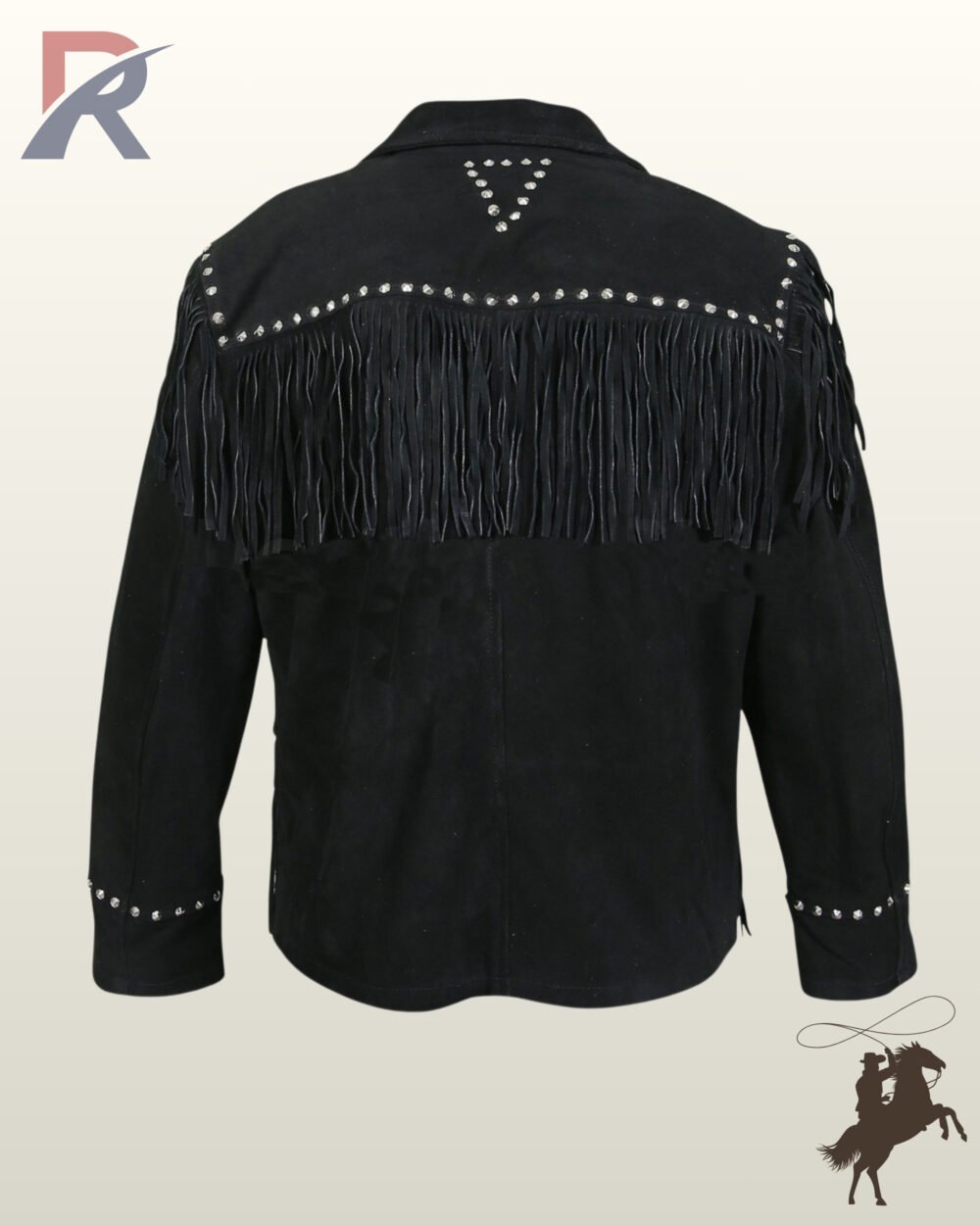 Rear view of a men's black suede western jacket showing a studded back yoke, long back fringe trim, and a triangular silver stud pattern below the collar.