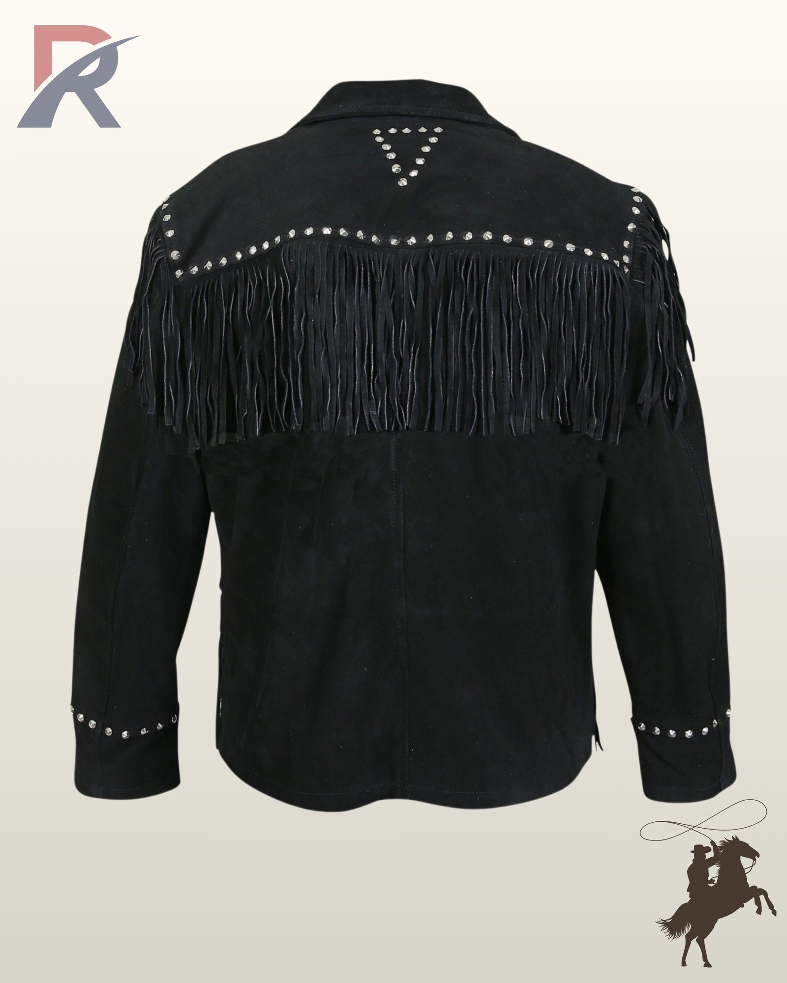 Rear view of a men's black suede western jacket showing a studded back yoke, long back fringe trim, and a triangular silver stud pattern below the collar.