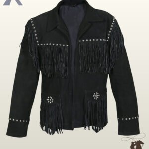 Front view of a men's black suede western jacket featuring silver metal studs along the chest yoke, shoulders, cuffs, and fringed patch pockets.