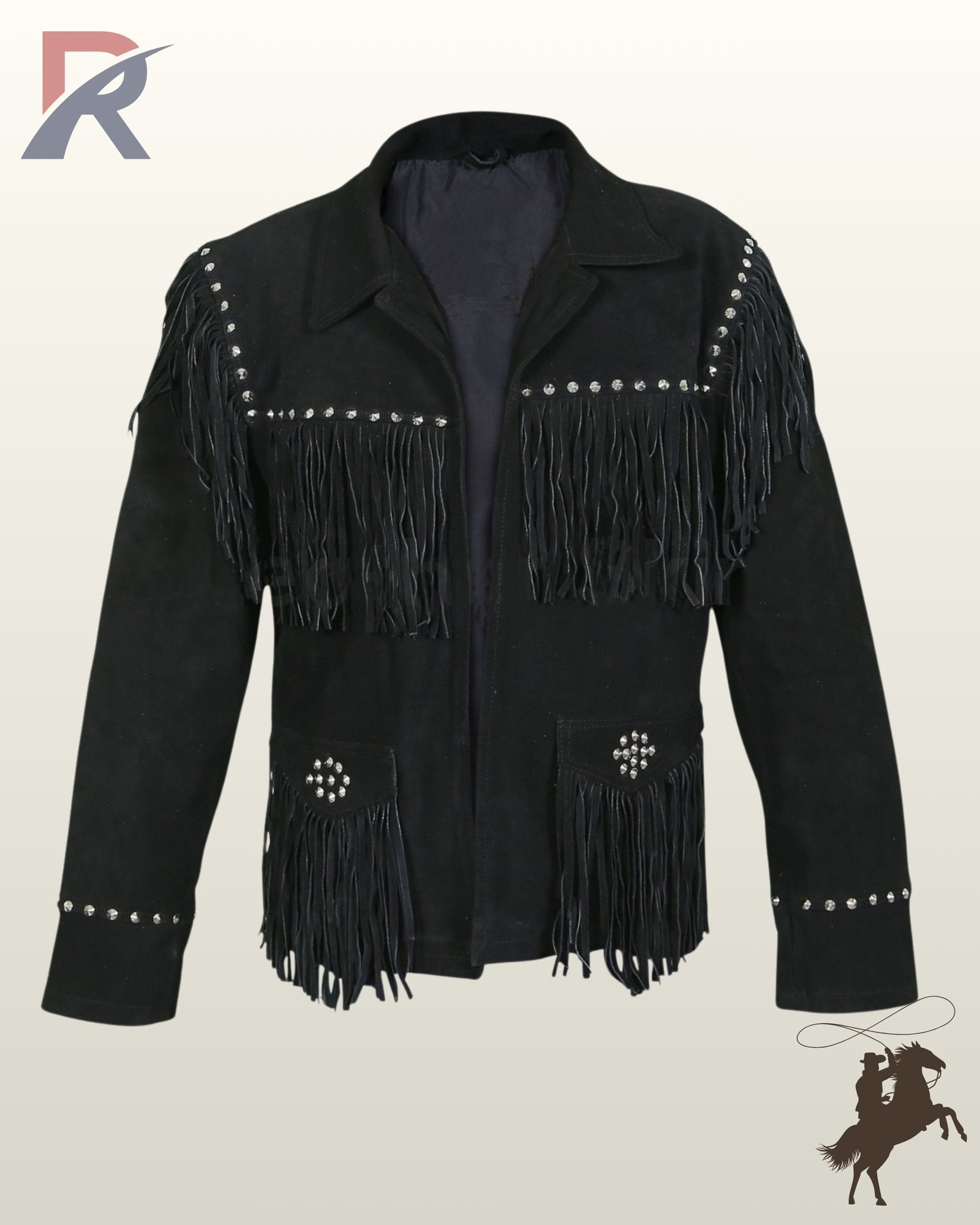 Front view of a men's black suede western jacket featuring silver metal studs along the chest yoke, shoulders, cuffs, and fringed patch pockets.