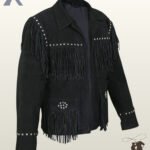 Angled profile of a men's black suede cowboy jacket highlighting silver stud hardware, thick chest fringe, and open front styling.