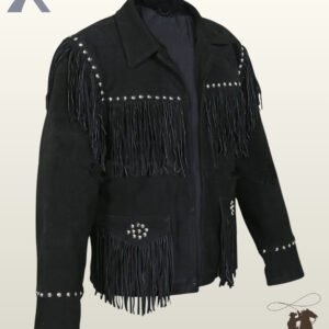 Angled profile of a men's black suede cowboy jacket highlighting silver stud hardware, thick chest fringe, and open front styling.