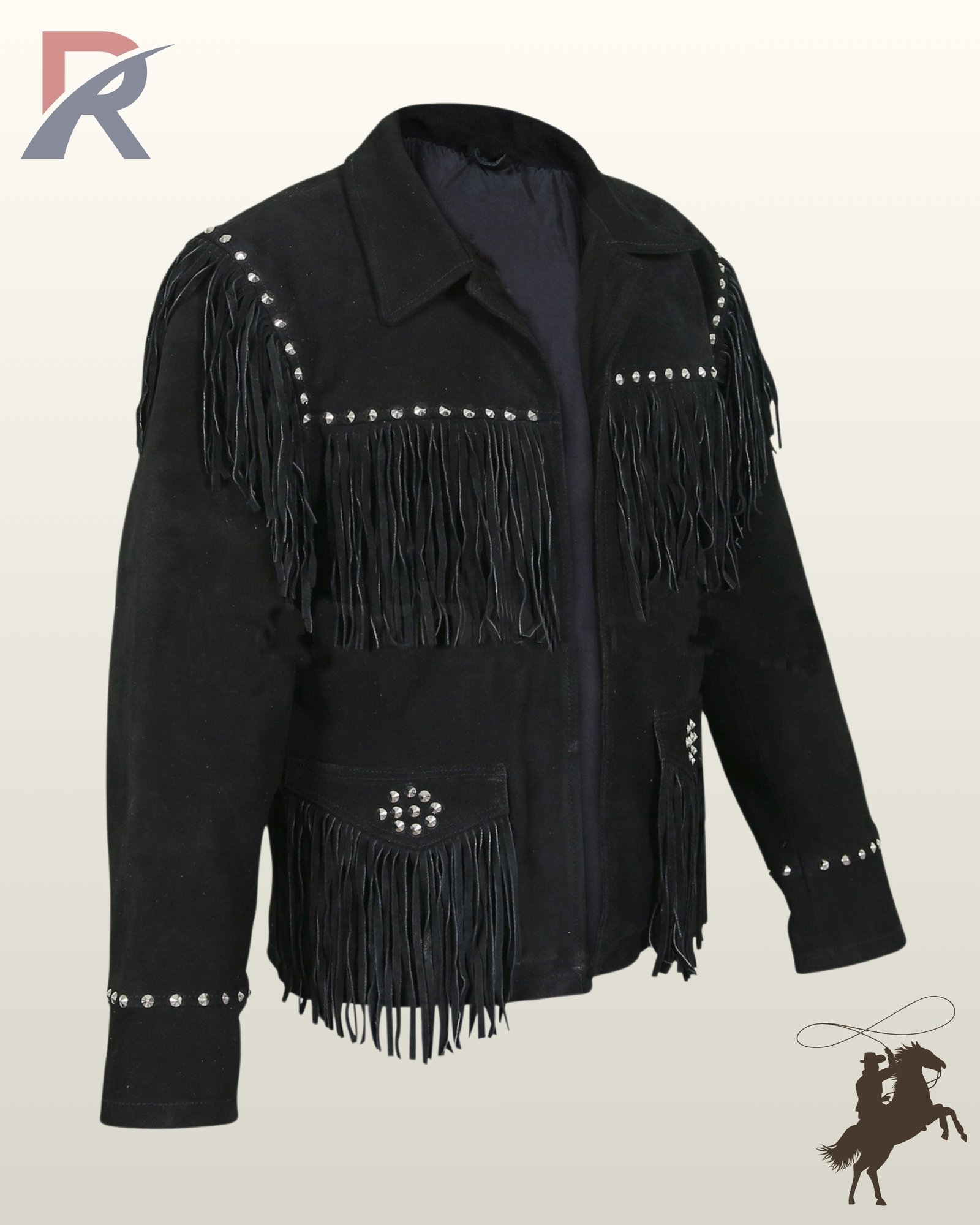 Angled profile of a men's black suede cowboy jacket highlighting silver stud hardware, thick chest fringe, and open front styling.