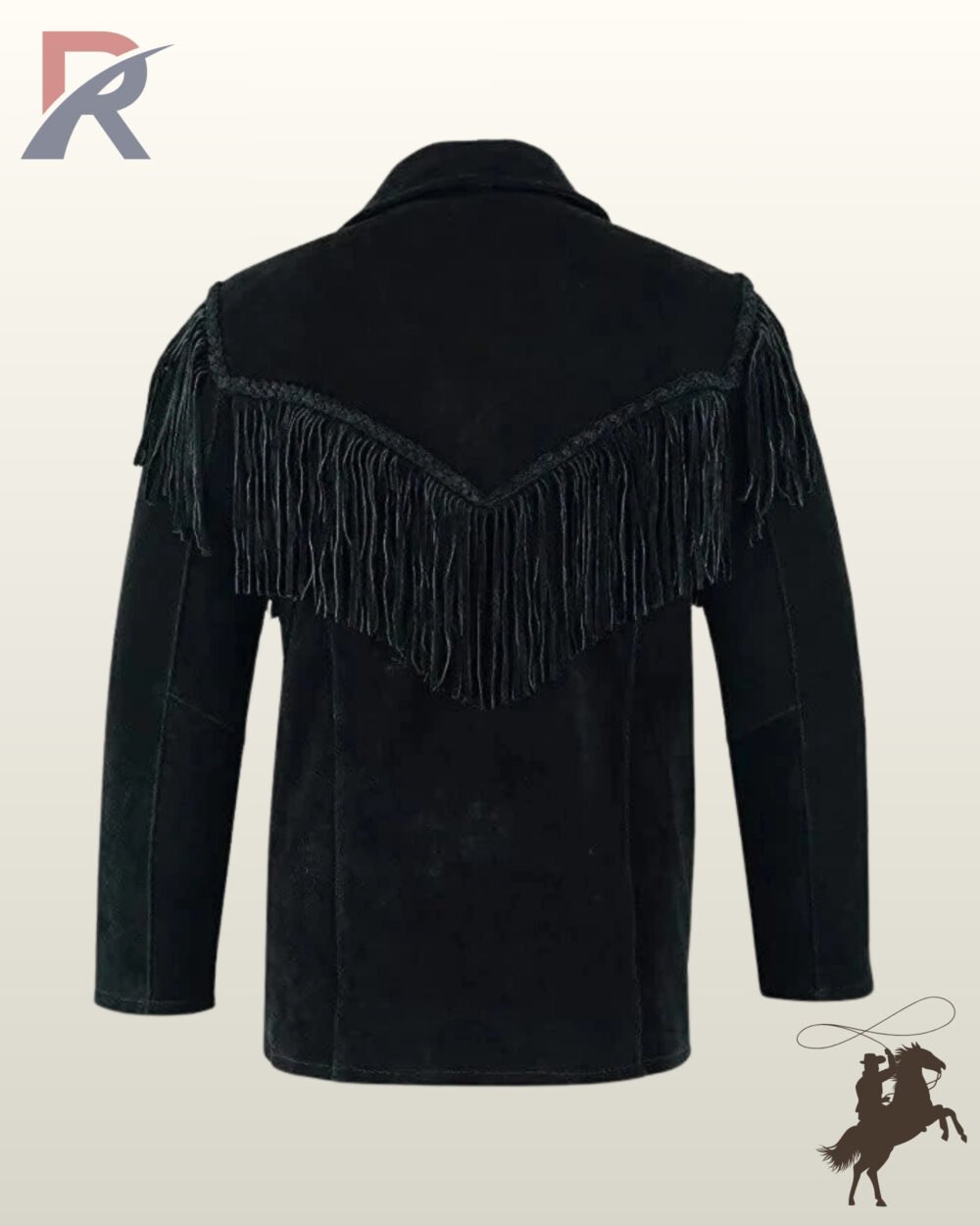 Back profile of a classic men's black suede cowboy blazer featuring deep back yoke fringe and whipstitched leather detailing.