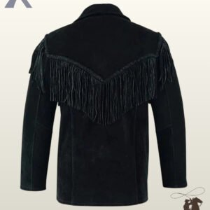 Back profile of a classic men's black suede cowboy blazer featuring deep back yoke fringe and whipstitched leather detailing.