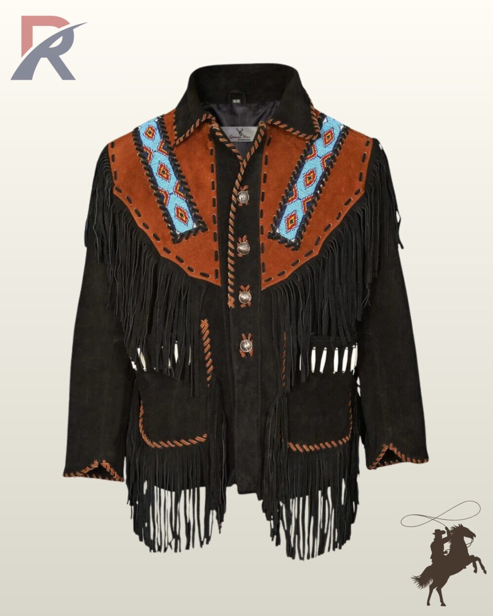 Front view of a men's black and cognac suede western jacket featuring native beaded shoulder stripes, long fringe, bone pipe bead accents, and Concho buttons.