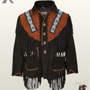 Front view of a men's black and cognac suede western jacket featuring native beaded shoulder stripes, long fringe, bone pipe bead accents, and Concho buttons.