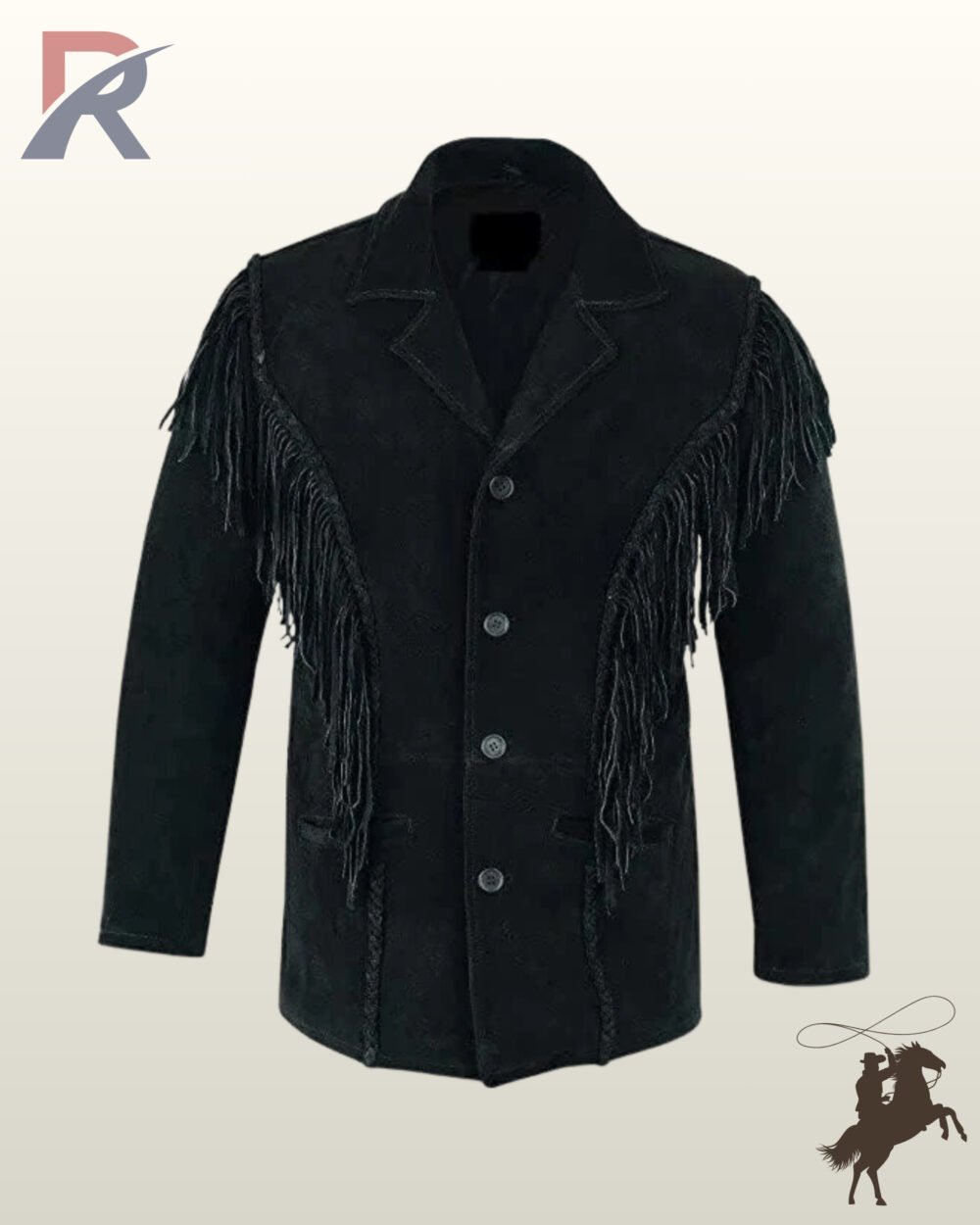 Front view of a men's classic black suede western blazer jacket featuring chest fringe, notch lapels, whipstitched trim, and button closures.