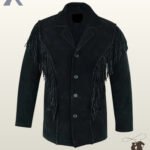 Front view of a men's classic black suede western blazer jacket featuring chest fringe, notch lapels, whipstitched trim, and button closures.