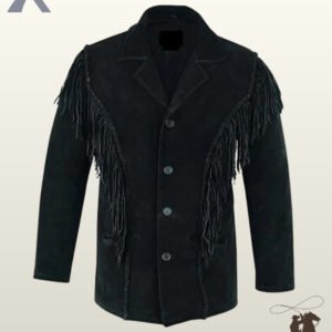 Front view of a men's classic black suede western blazer jacket featuring chest fringe, notch lapels, whipstitched trim, and button closures.