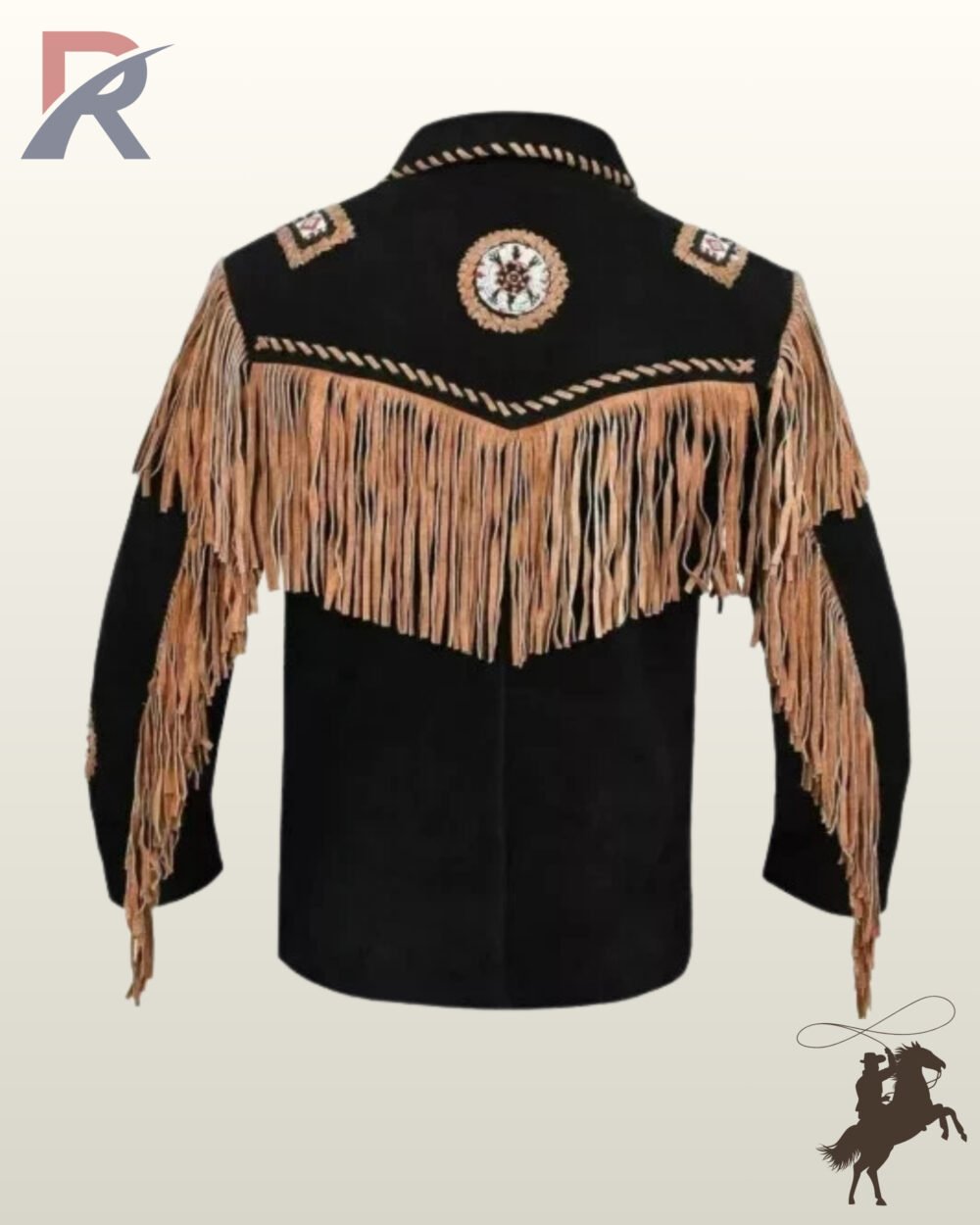 Back profile of a traditional Native American style black suede jacket showing tan back fringe, long sleeve tassels, and beaded shoulder patches.