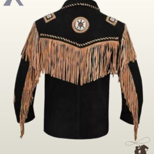 Back profile of a traditional Native American style black suede jacket showing tan back fringe, long sleeve tassels, and beaded shoulder patches.